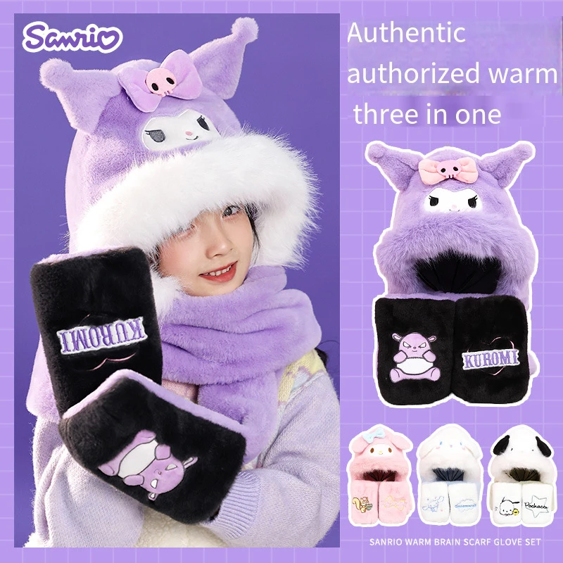 Sanrios Child Hat Scarf Gloves In One Kuromi Boy Girl Autumn Winter New Scarf Keep Warm Kawaii Cartoon Plush Three Piece Set