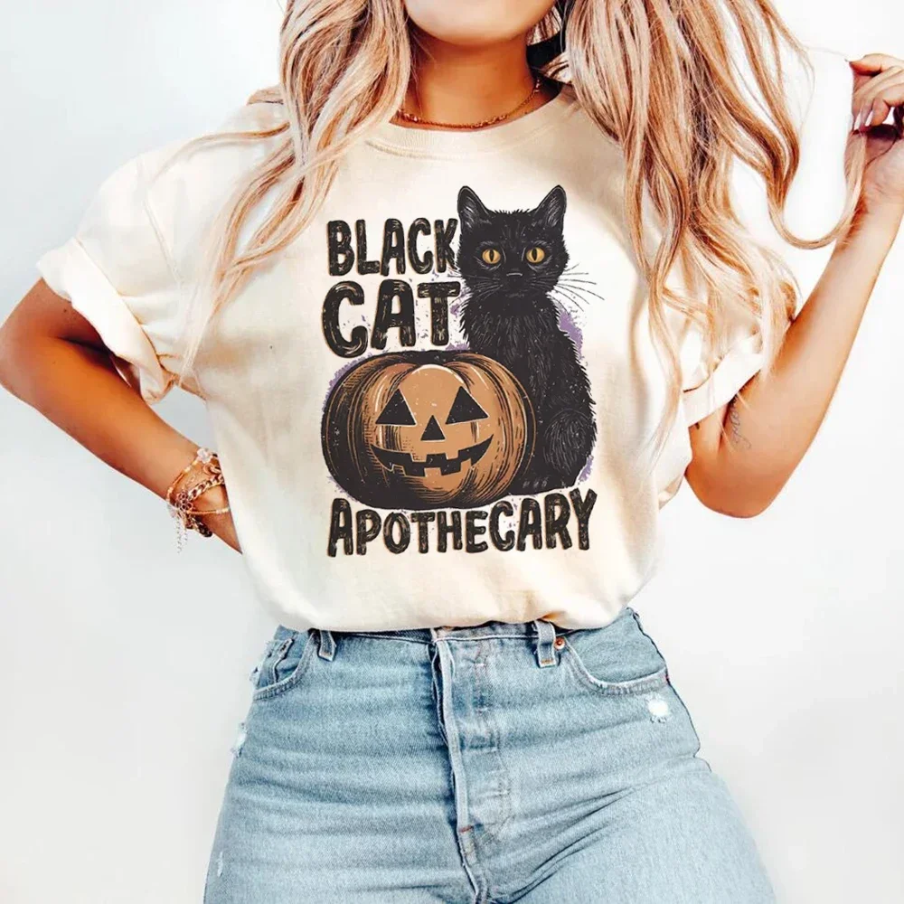 Czarny kot Apochary Print Trend Wszechstronny 90s Krótki rękaw Cartoon Print Pattern Basic Style Plus Size Halloween Top T-Shirt