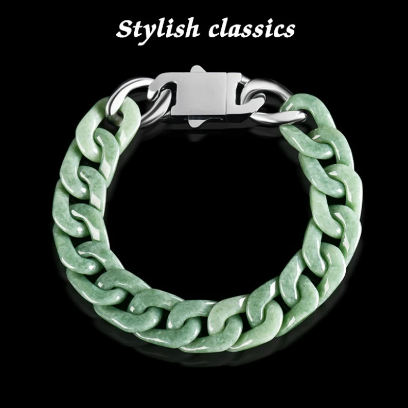 

Jia Le / Natural A-grade Jadeite Bean Green Bracelet Jade Titanium Steel Style Personalized Fashion Men and Women Couples Gift