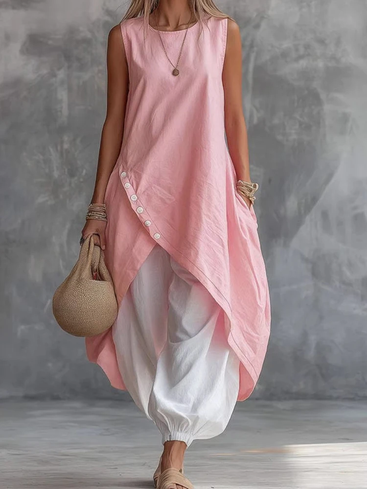 

Новый женский летний комплект для отпуска: топ-пуловер без рукавов с круглым вырезом и брюки с высокой талией, однотонный свободный уличный стиль