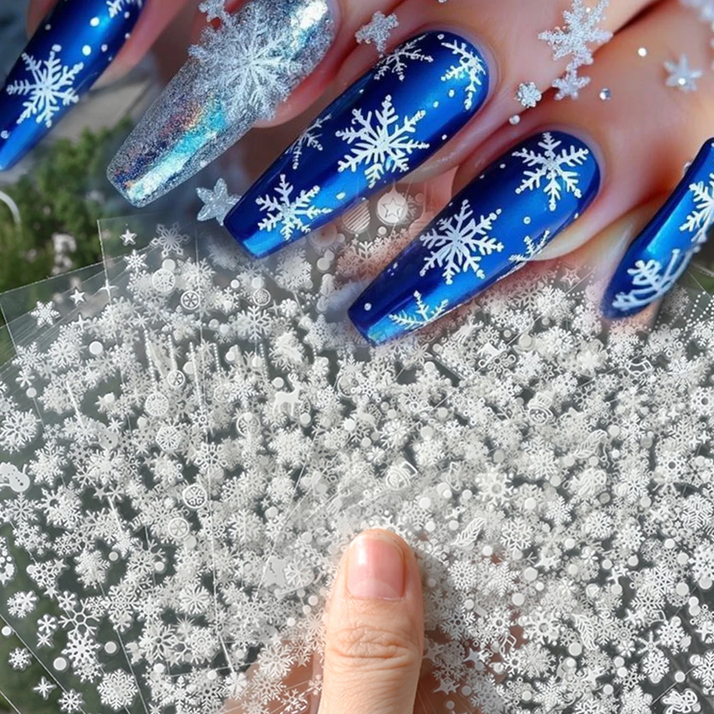 12 Pz/kit 3D Natale Fiocchi di Neve Bianchi Adesivi per Unghie Misto Hollow Fiocco di Neve Decalcomanie per Unghie Autoadesive Fiocco di Neve di Natale Slider