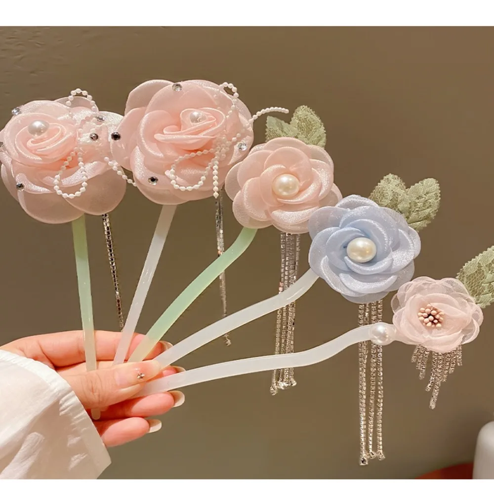 Pearl Ancient Chinese Hairpin Hair Accessories Imitation Jade Flower Tassel Hair Stick Vintage Hanfu Dress Hair Forks Women