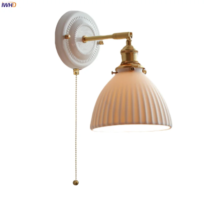 

IWHD Nordic Ceramic LED Wall Lights Up Down Rotate Copper Pull Chain Switch Living Room Bathroom Mirror Bedside Lamp Arandela