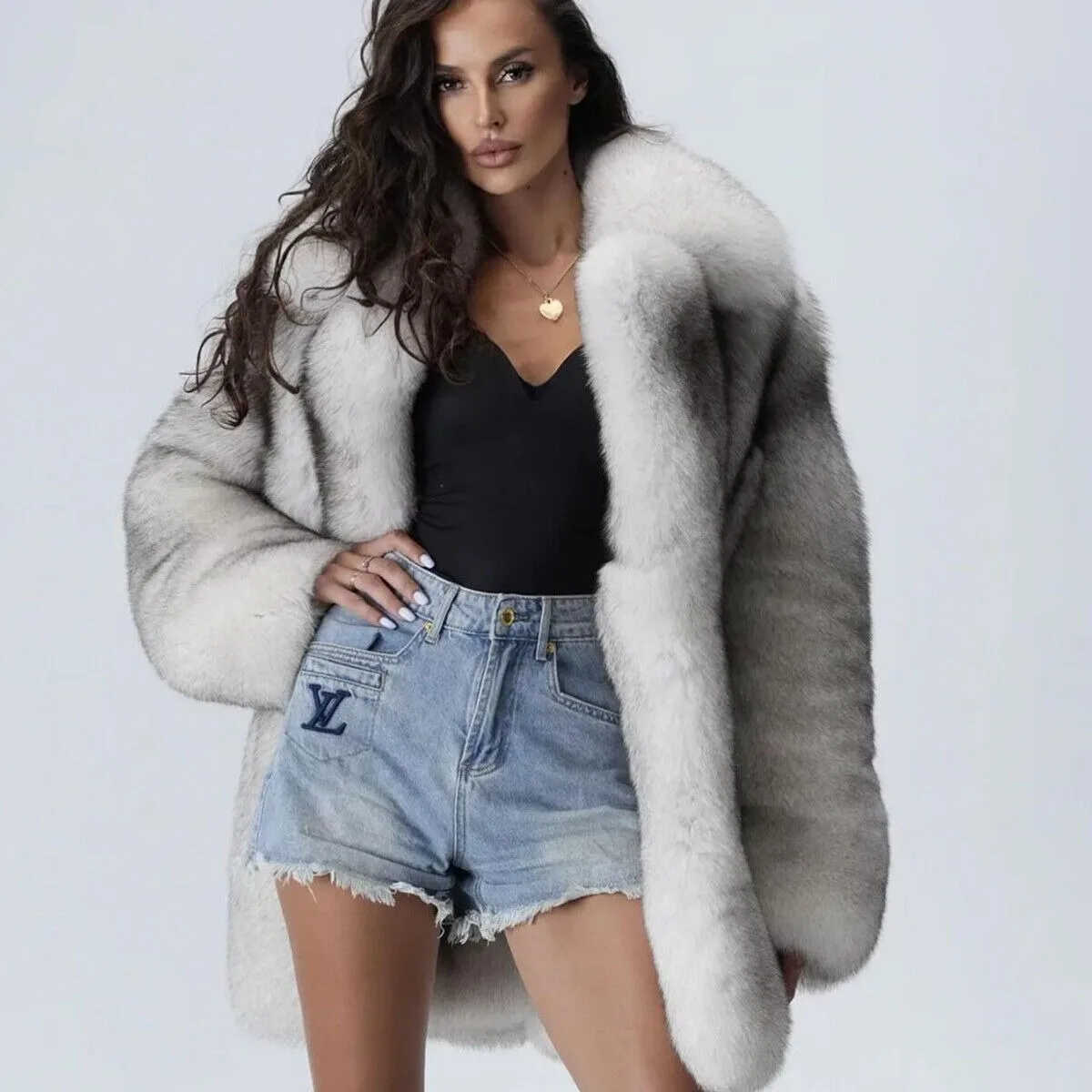 Women Real Blue Fox Fur Coat Natural Full Pelt Lapel Jacket Winter Long Overcoat warmth fluffy authentic genuine fur coats