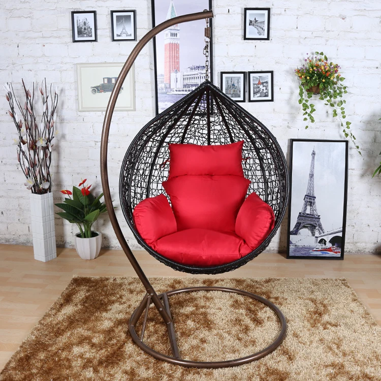 Outdoor furniture rattan living room indoor patio white wicker egg hanging chair swing with cushion stand