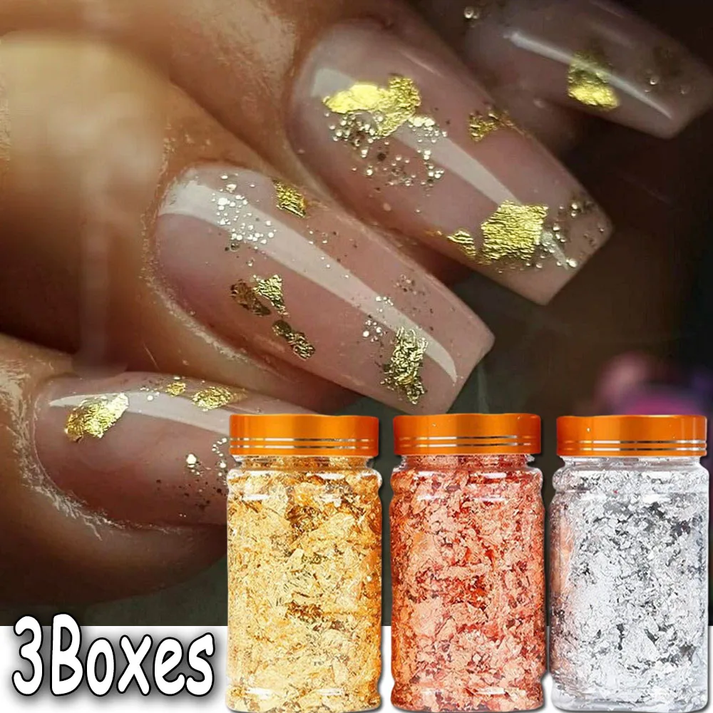 3 Farben Unregelmäßige Nagelkunst-Folienpapiere Metallisch Gold Silber Glitzer Nagel-Pailletten-Aufkleber für Epoxidharz-Maniküre Nagelfolien-Dekoration