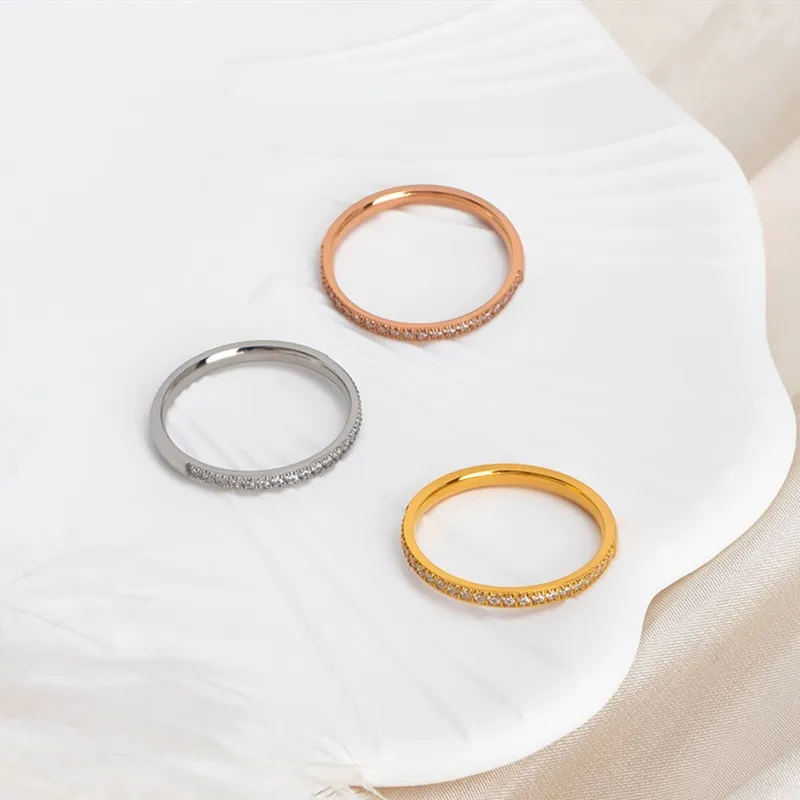 2mm Thin Stackable Ring Stainless Steel Half Eternity Band Pave CZ Wedding Ring for Women Girl Size 4-10