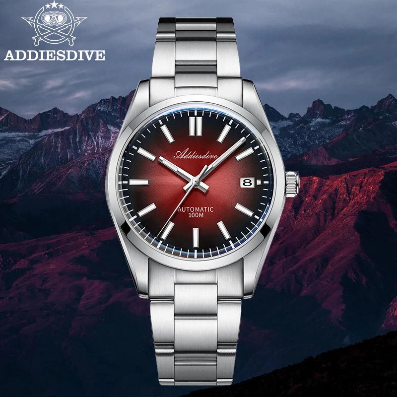 ADDIESDIVE 100m Waterproof Men's Dive Watch Sappire Red Gradient Sunburst Dial Luxury NH35 Automatic Watch Dress Men Wristwatch