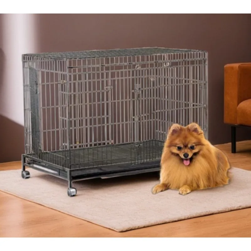 

Premium Grade Foldable Dog Cage with Wheels Pet Cage with Plastic Tray Pet Crate Stainless Steel Dog cage
