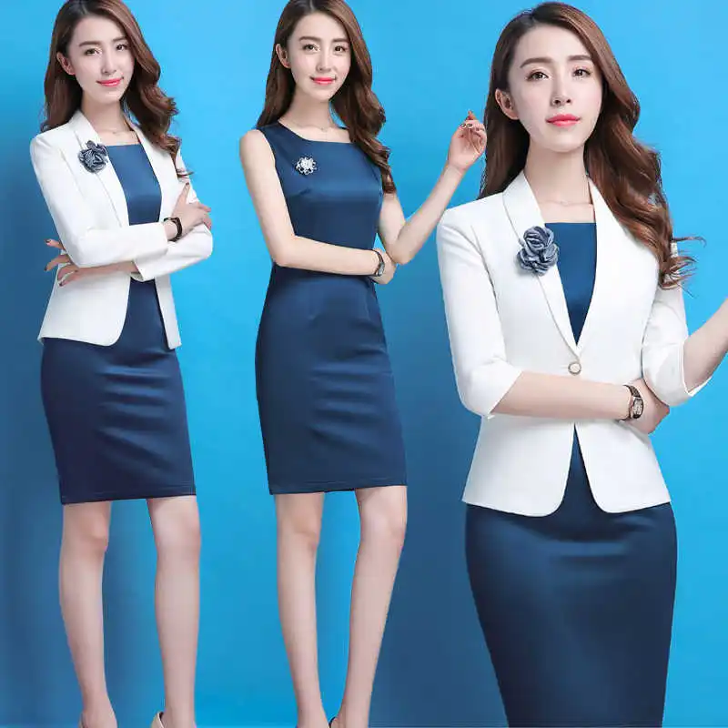 Women's White Suit Set Professional Uniform for Work Occupation Office Lady Regulai Fit Long and Mid Sleeve Blazer and Dress