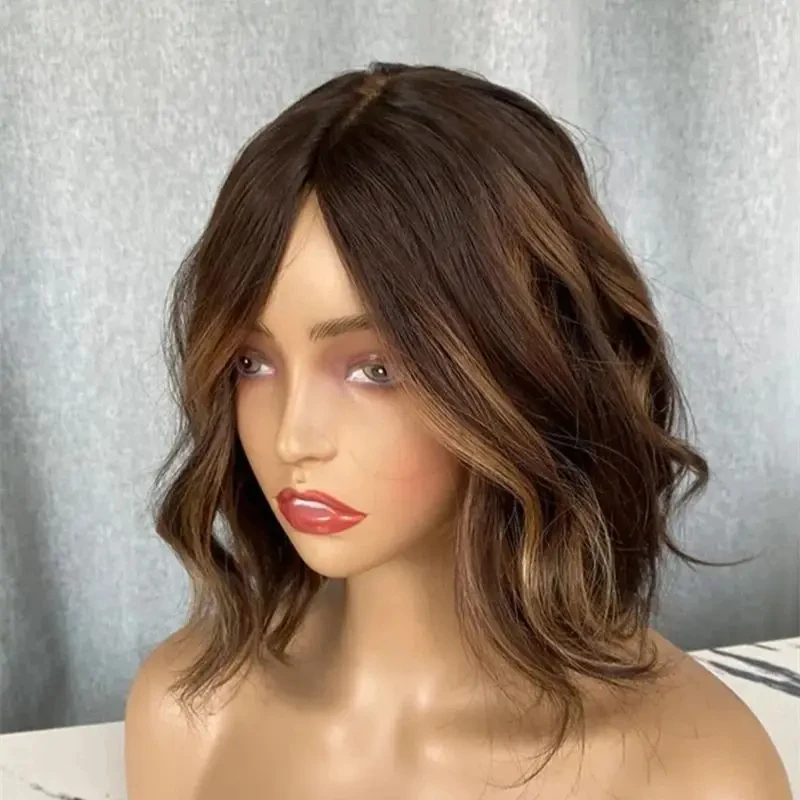12 Inch 13x4 Free Part Ombre Warm Brown Synthetic HD Lace Front Wig Short Wave Bob High Heat Fiber Mixed Human Hair Wig Party
