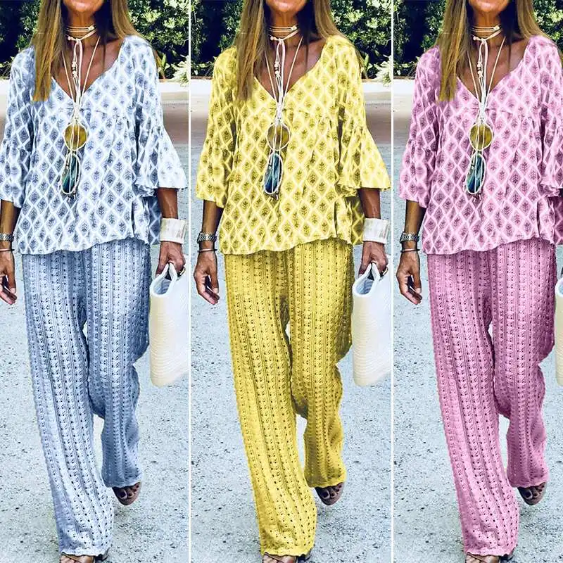 

Pants Set 2023 Summer Women Matching Sets V Neck Full Sleeve Shirts Two Piece Set Long Wed Leg Trousers Ladies Outfits