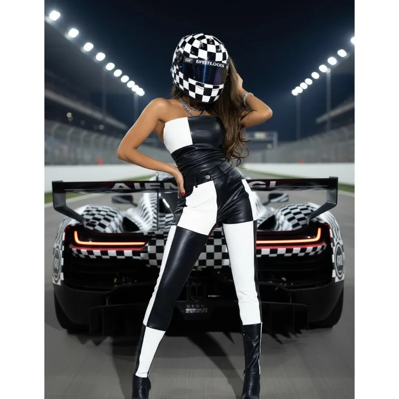 Krisnanas Racing Style One Piece Jumpsuit for Women Sportswear Gym Wrap Tights Contrast Color Plaid Strapless Jumpsuit 105643