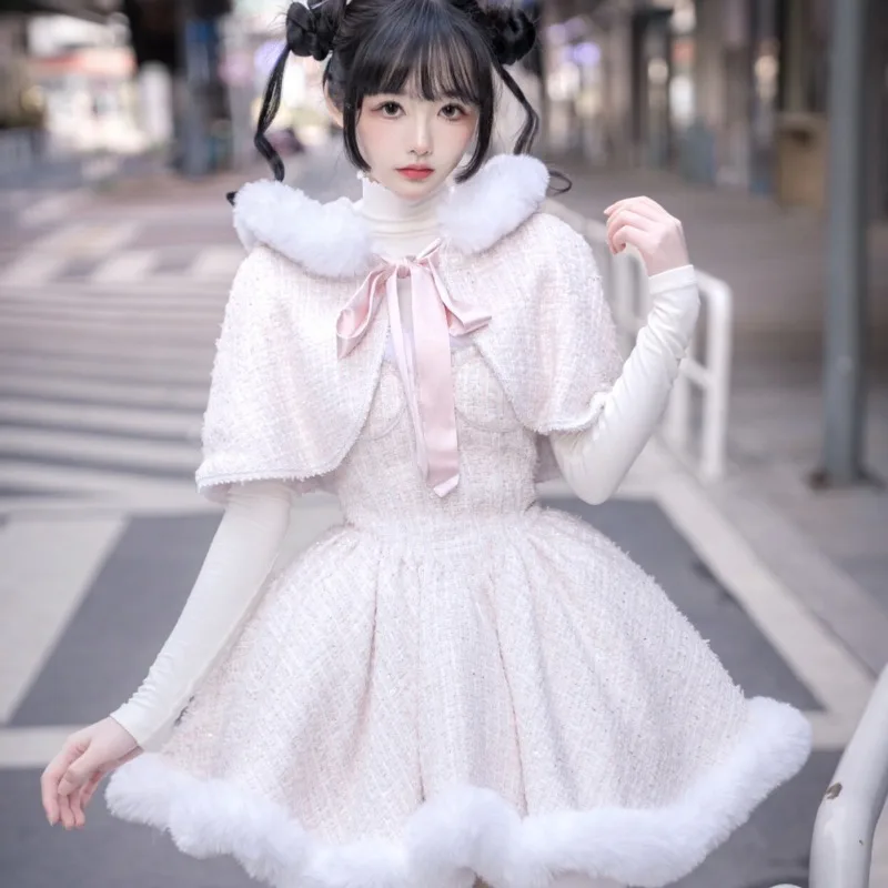 French Women's Fashion Sweet Princess Three-piece White Long-sleeved Base Tops Kawaii Lolita Dress Elegant Senior Sense Outwear