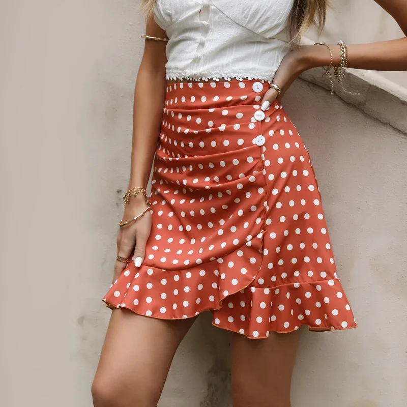 Multi Dot Print Short Mini Skirts Women Summer Ruffle High Waist Button Skirt Ladies Zipper Slim Bottoms