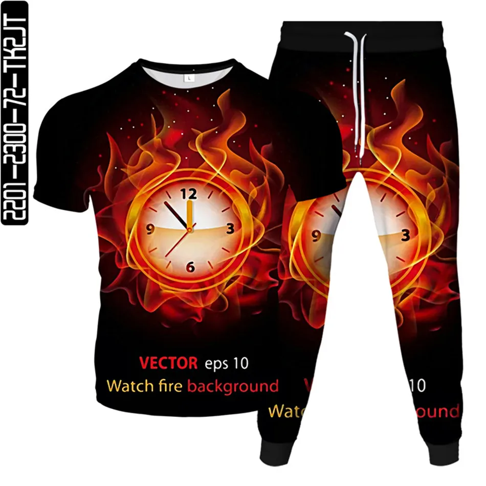 Men Tracksuit Alarm Wall Clock Fire Vortex Print Women Fashion Clothes Suit T-Shirt+Trousers 2Pcs Sets Male Female Sport Outfit