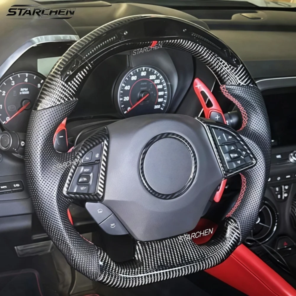 Real Carbon Fiber LED Steering Wheel for 2016-2024 Chevrolet Camaro SS ZL1 with LED Display Shift Indicator (Non-heated)