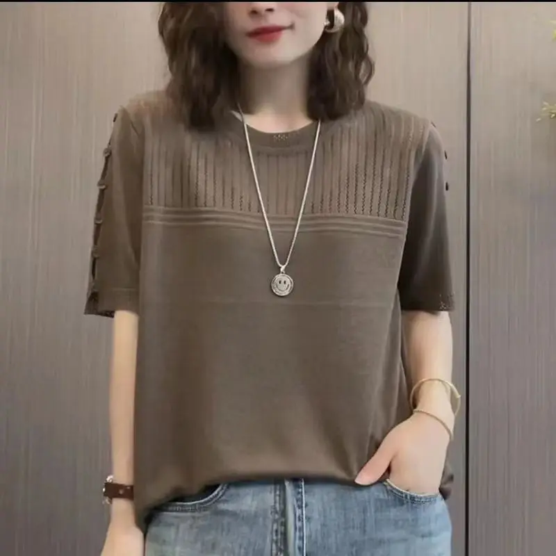 Women Clothing Simple Casual Hollow Solid Comfortable Knitted T Shirt Summer Female Round Neck Short Sleeve Loose Pullover Tops