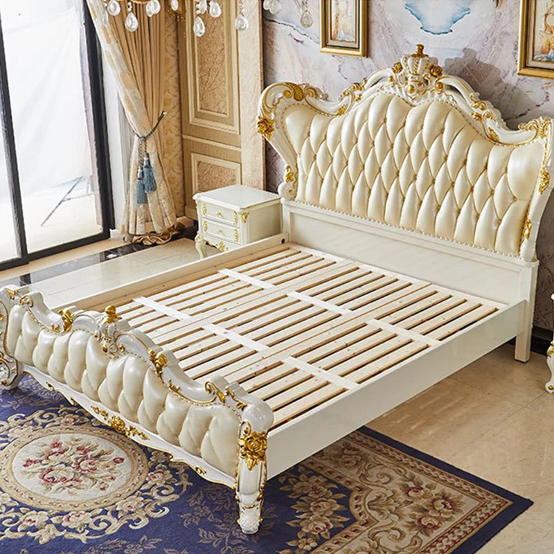 European-Style Ivory White Wedding Bed Luxury Solid Wood  Carving With Genuine Leather Double Bed Modern Soft Headboard