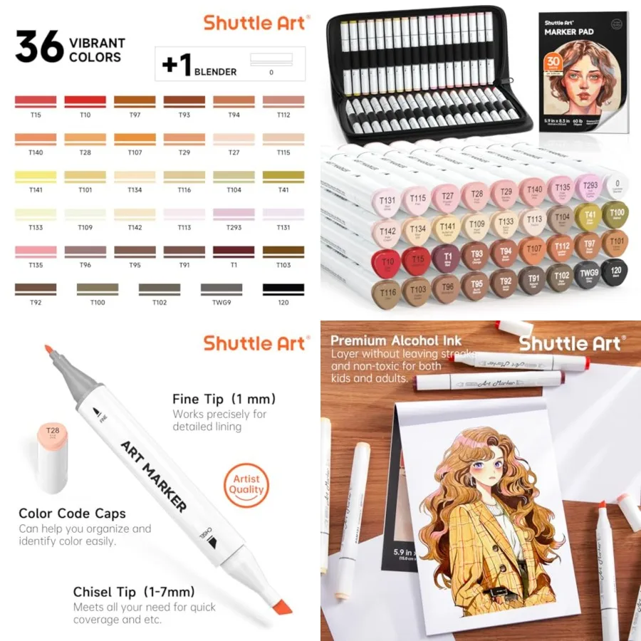 

Shuttle Art 36 Colors Skin Tone Hair Art Markers Dual Tip Alcohol Based Marker Pen Set with 1 Blender 1 Carrying Case 1 Marker