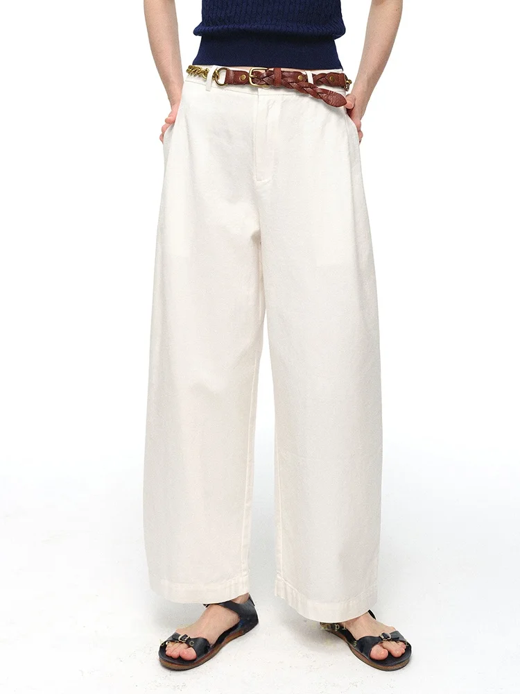 

Брюки с высокой талией и широкими штанинами, женские льняные повседневные брюки белого цвета, универсальные, стройнящие, летние, для повседневной носки, прямого кроя