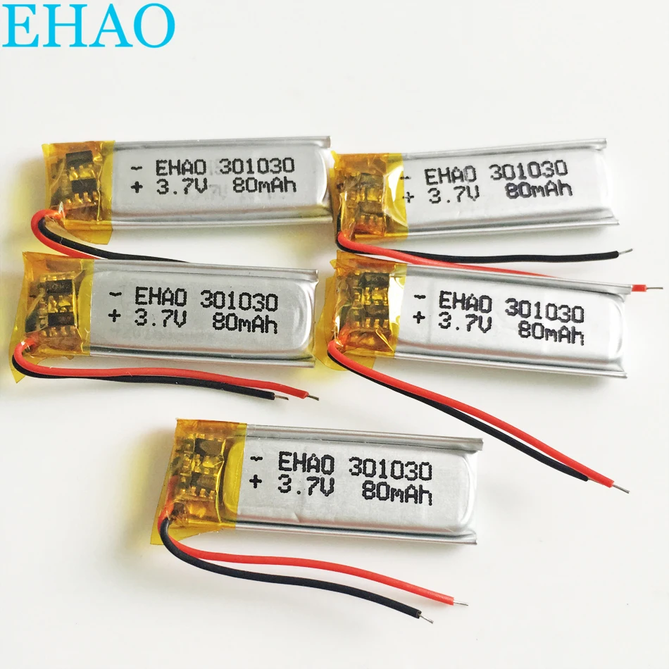 Lot 5 PCS 3.7v 80mAh Lithium Polymer LiPo Rechargeable Battery 301030 For Mp3 GPS bluetooth Headphone Headset smart watch