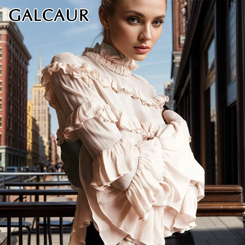 

GALCAUR Solid Patchwork Ruffles Elegant Shirts For Women Stand Collar Long Sleeve Fashion Loose Blouses Female Autumn Clothing