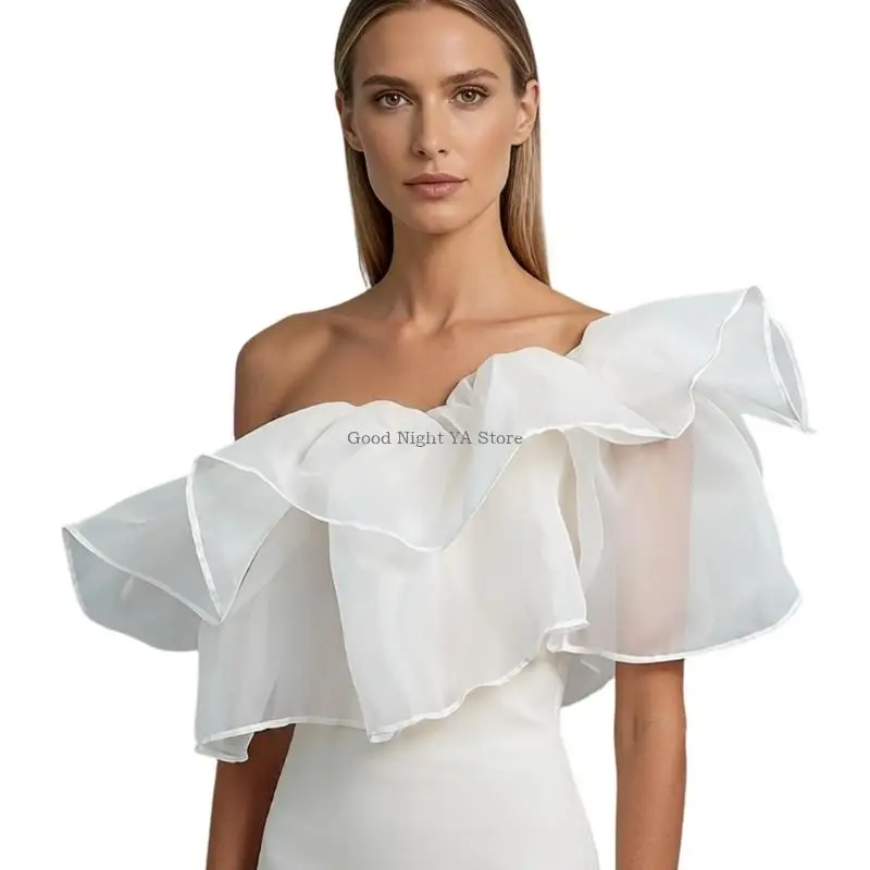  Elegant Net Bridal Shawl Soft Organza Off Shoulder Wrap for Wedding Bride Simple White Tulle Accessories