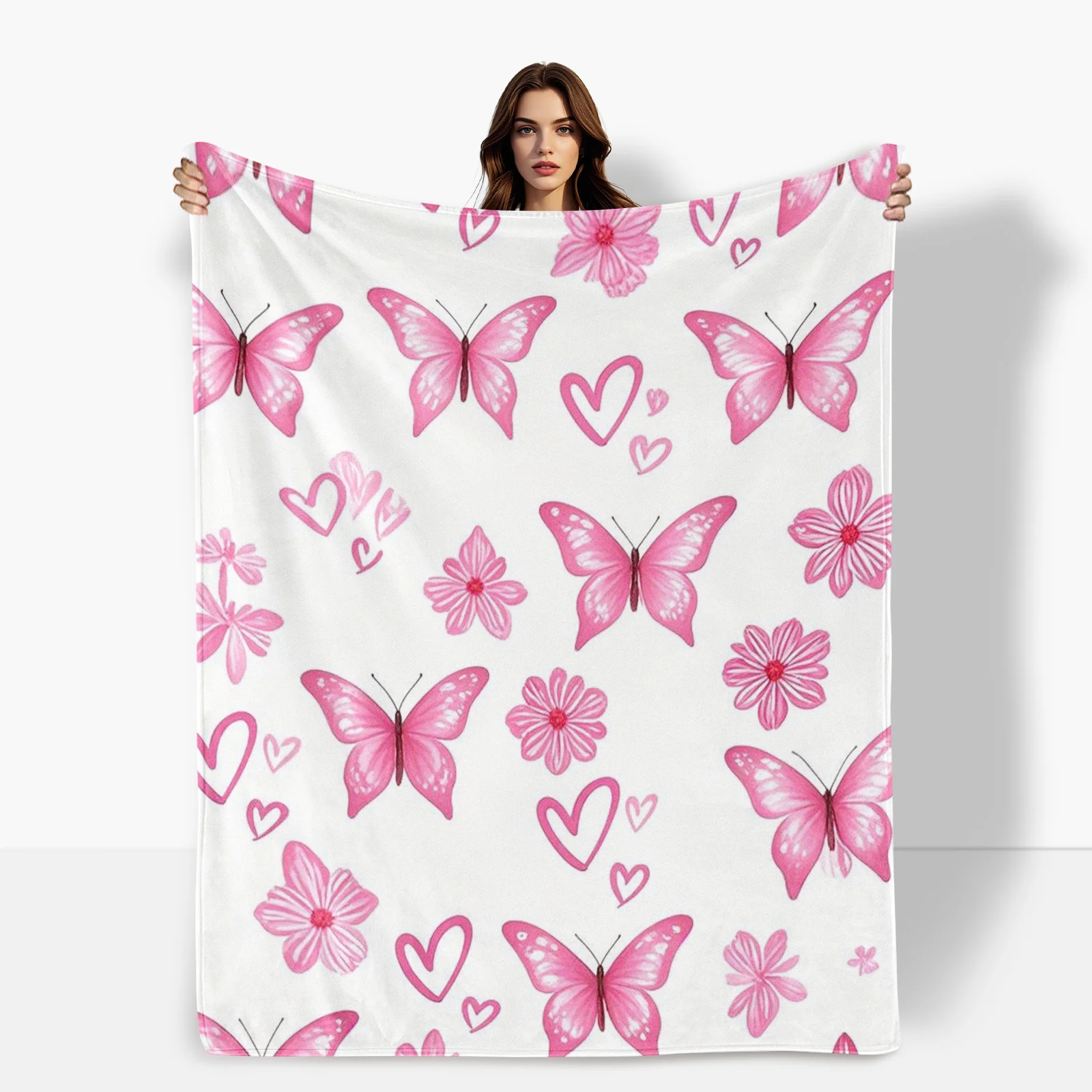 Schmetterlings-Herz-Blumendecke in Rosa mit zartem Design und warmem Stoff für süßen und eleganten Raumdekor-Stil