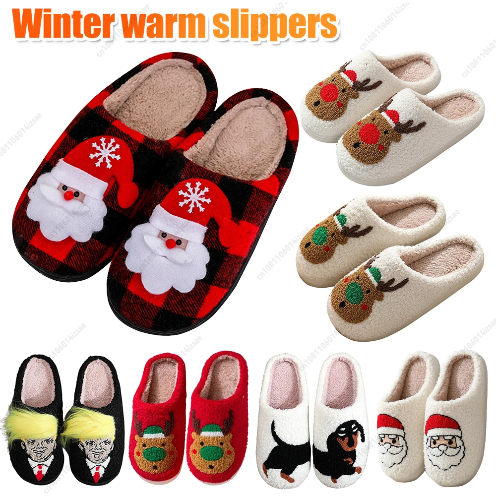 Christmas Elk Cotton Slippers for Women lady Men Winter Cute Cartoon Home Non Slip Couple Floor Slides Fluffy Indoor Plush Shoes