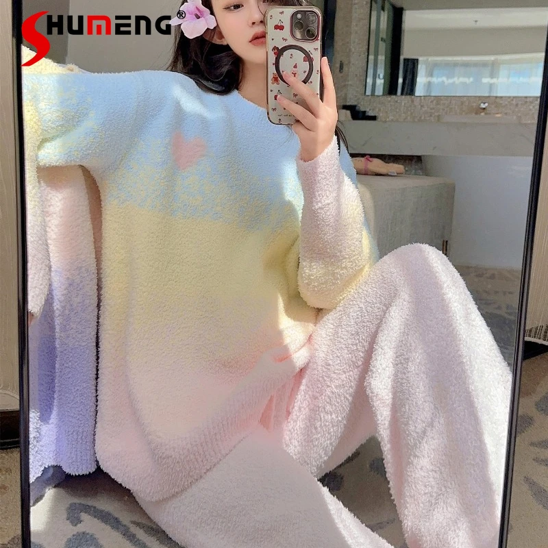 

Женская пижама Sweet Style в радужных цветах, осенне-зимний комплект для сна на флисовой подкладке, утепленный флисовый домашний костюм