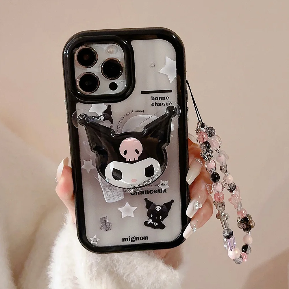 Cute Cartoon Anime Role Kulomi Bracket Phone Cases for IPhone 11 12 13 14 15 Pro Max Soft Anti-fall Protect Cover with Lanyard