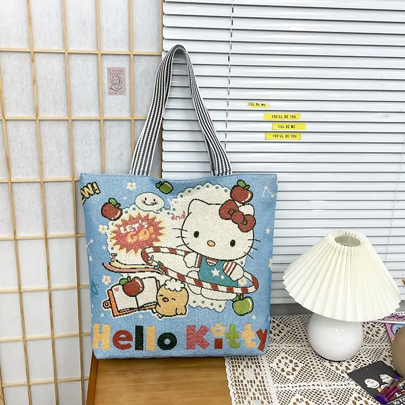 Sanrio Kuromi Girl Canvas Embroidery Shopping Bag Shoulder Bag Kawaii Hello Kitty Cartoon Cartoon Student Fashion Handbag Gift