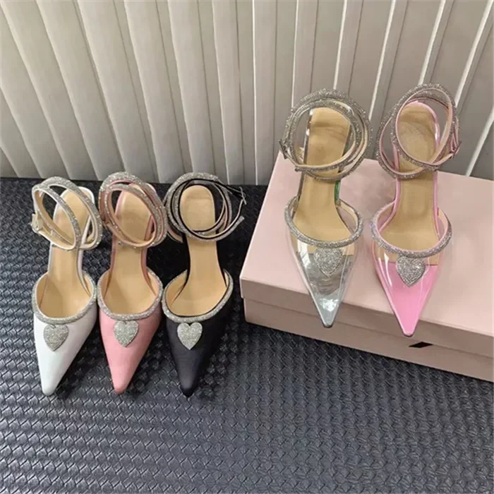 

Buy Ladies Crystal Heart Diamond Satin Pointed toe Crystal Wrapped Sandals for Women Designer Stilettos High Heel Pumps Luxury