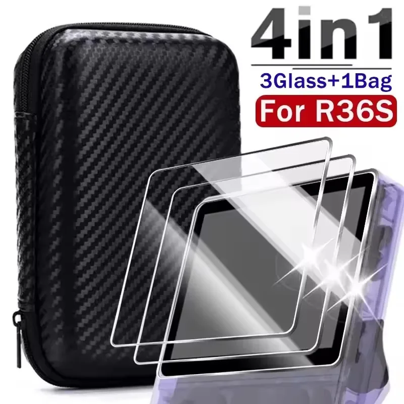 4 IN 1 Case + Glas voor R36S Game Console Reizen Draagtas Opbergtas & Screen Protectors Gehard Glas Film voor R36S Accessoires