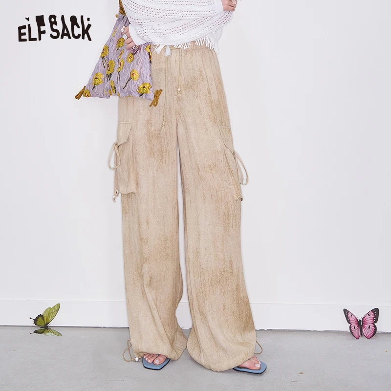 ELFSACK 2025 Spring New Arrivals Y2K Soft Loose Straight Pants Women Casual Elastic Waist Wide Leg Pants