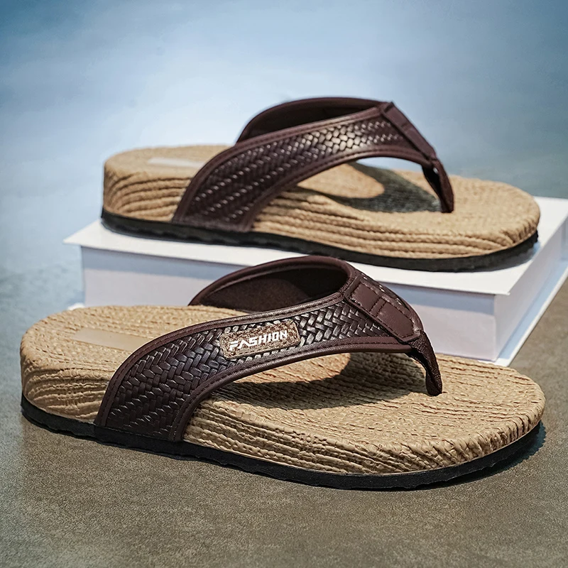 Men's Summer Sandals Soft Bottom Anti-Slip Wear-Resistant Beach Slippers Woven Toe Casual Slippers Comfortable Breathable