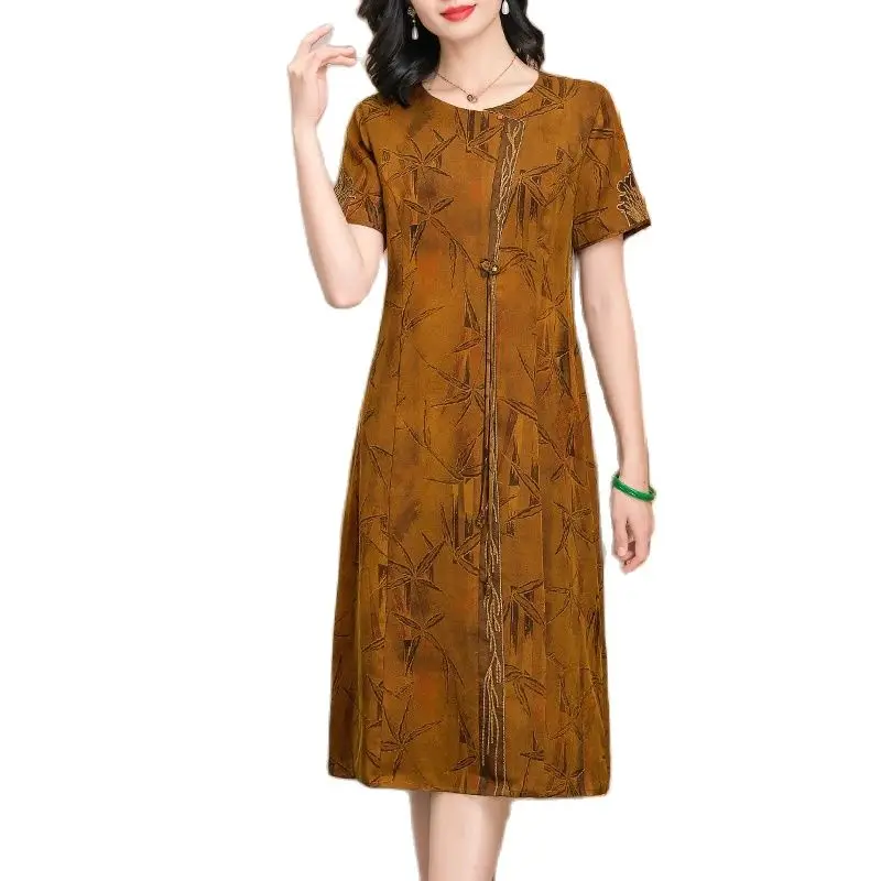 BirdTree-vestido de seda 100% auténtica para mujer, vestido elegante de manga corta, estampado Vintage de gran tamaño, D44841QC