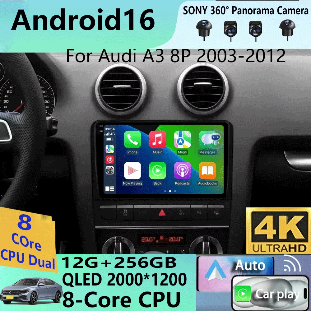 Android 16 Carplay Auto For Audi A3 8P 2003-2013 Car Radio 2din Multimedia Player GPS Navigation Audio Stereo DSP 360 Camera 4G