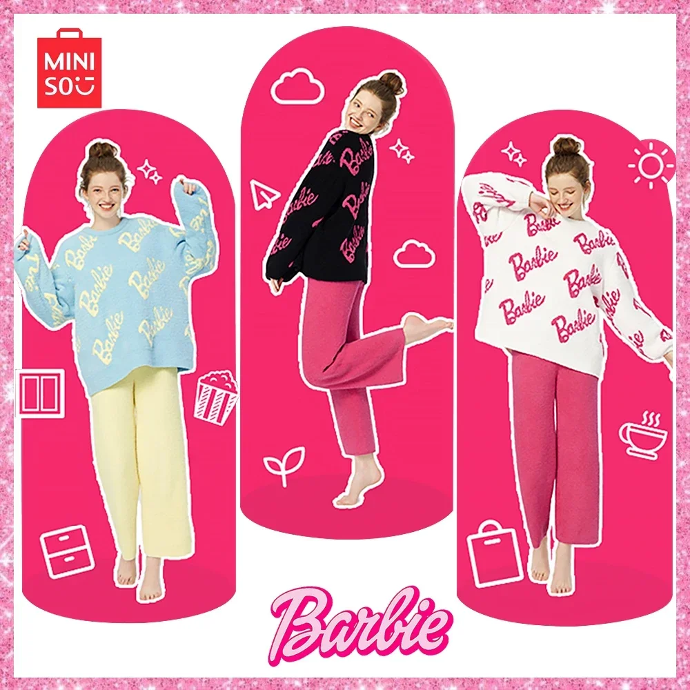 

Miniso 2024 Barbie Girls Coral Fleece 2-Pcs Pajamas Winter French New Thin Fleece Thickened Home Fur Long Sleeve Birthday Gift