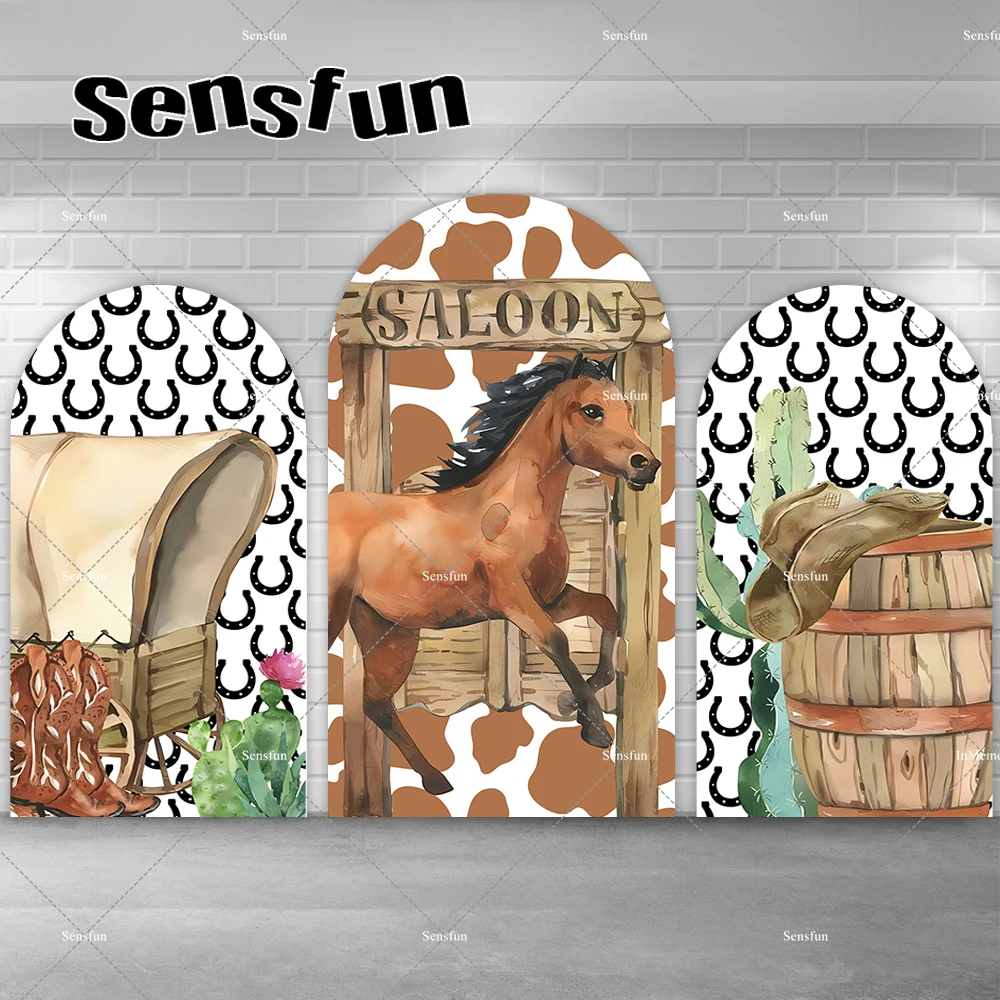 Western Cowboy Theme Birthday Party Arch Backdrop Cover Horse Retro Wood Stable Photography Backgrounds Photo Studio Supplier