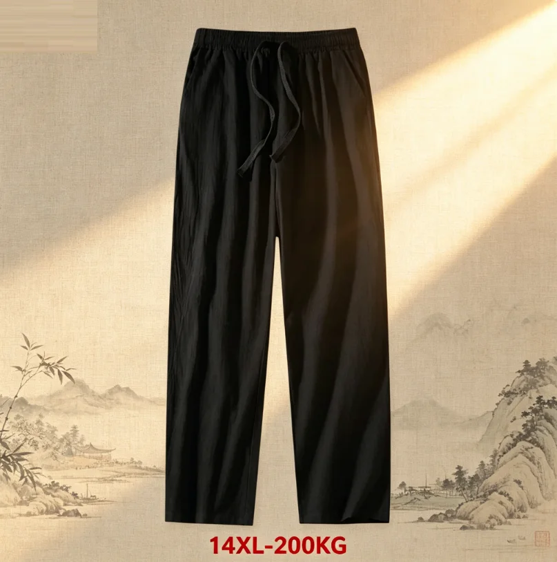 big size 12XL 14XL 180kg spring summer men home wear sleep pants cotton linen chinese style pants vintage Straight pants Stretch