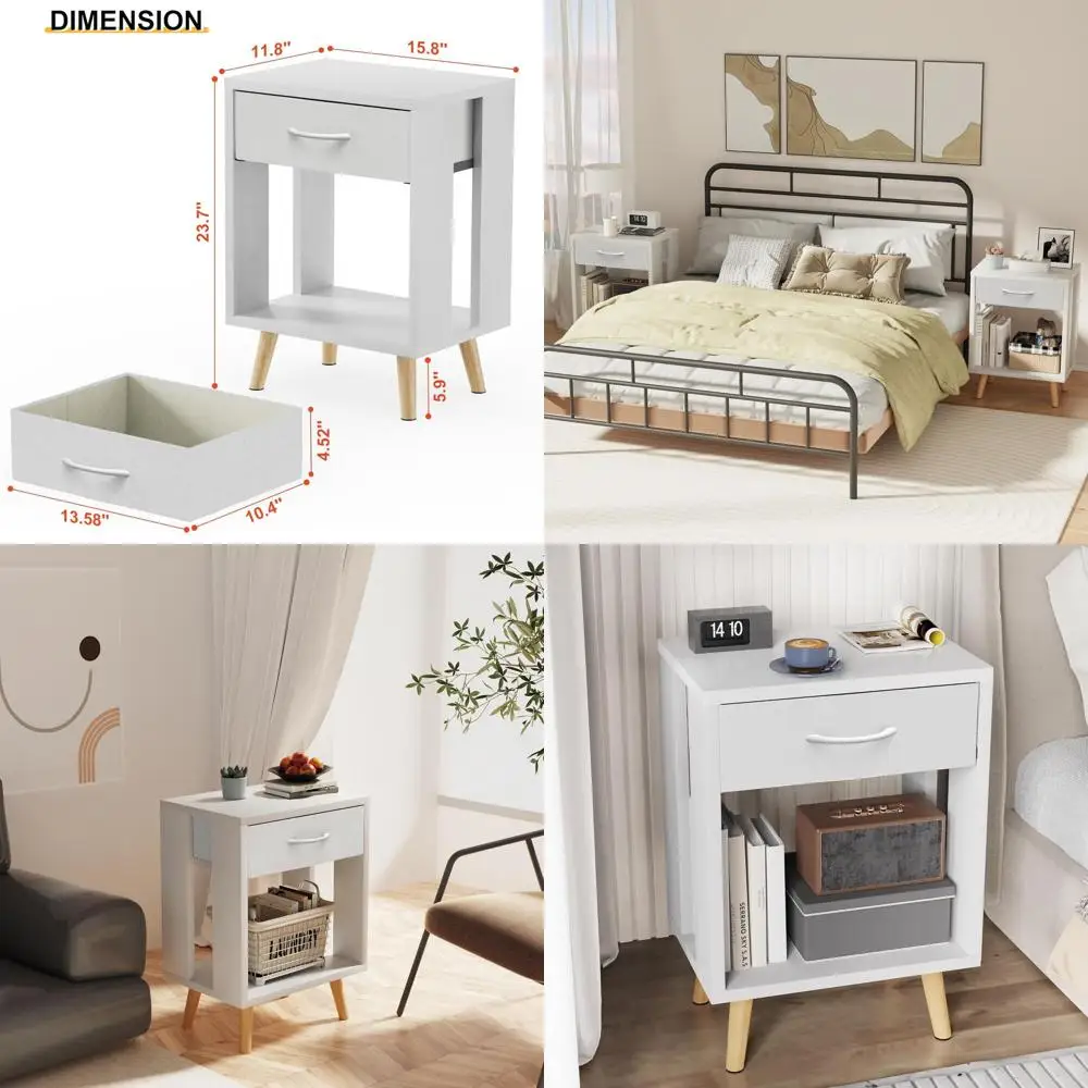 

Pair of White Nightstands with Fabric Drawers and Wooden Shelves, 24 High Bedside Storage Tables