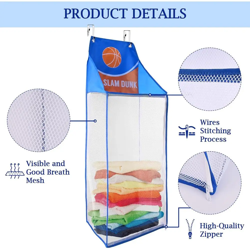 2 Pack Hanging Laundry Bags, Over Door Basketball Hoop Laundry Baskets with Zipper, oldable Mesh Travel Laundry Hampers or Dirty