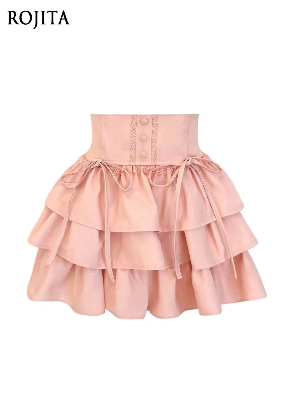 

Bow Lace Stitching Cake Skirt Culottes 2026 Pink High Waist Tiered Cake Skirt, Sweet Lolita Ruffle Mini Skirt with Lace Trim