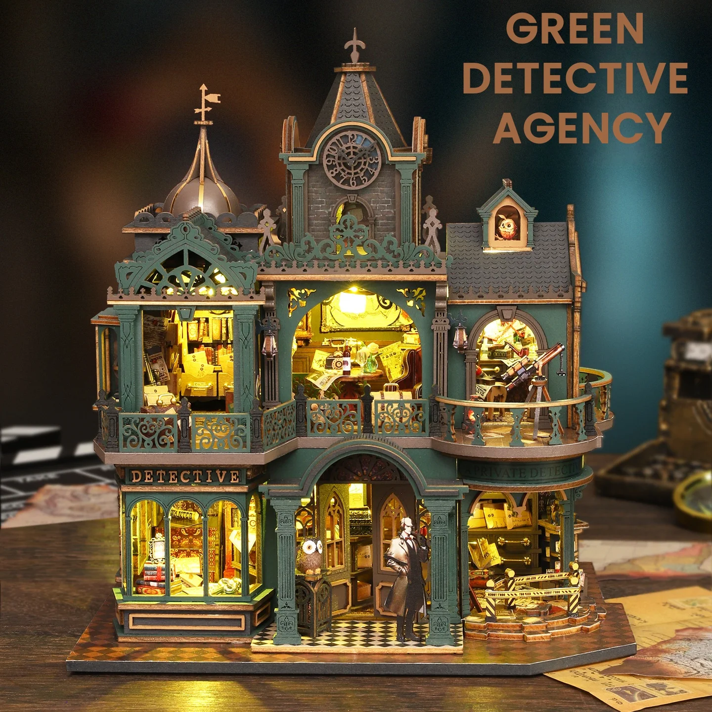 Green Detective Agency Booknook Dollhouse Kit, Victorian Mystery 3D Wooden Book Nook, Tiny Home Bookend, DIY Miniature House Kit