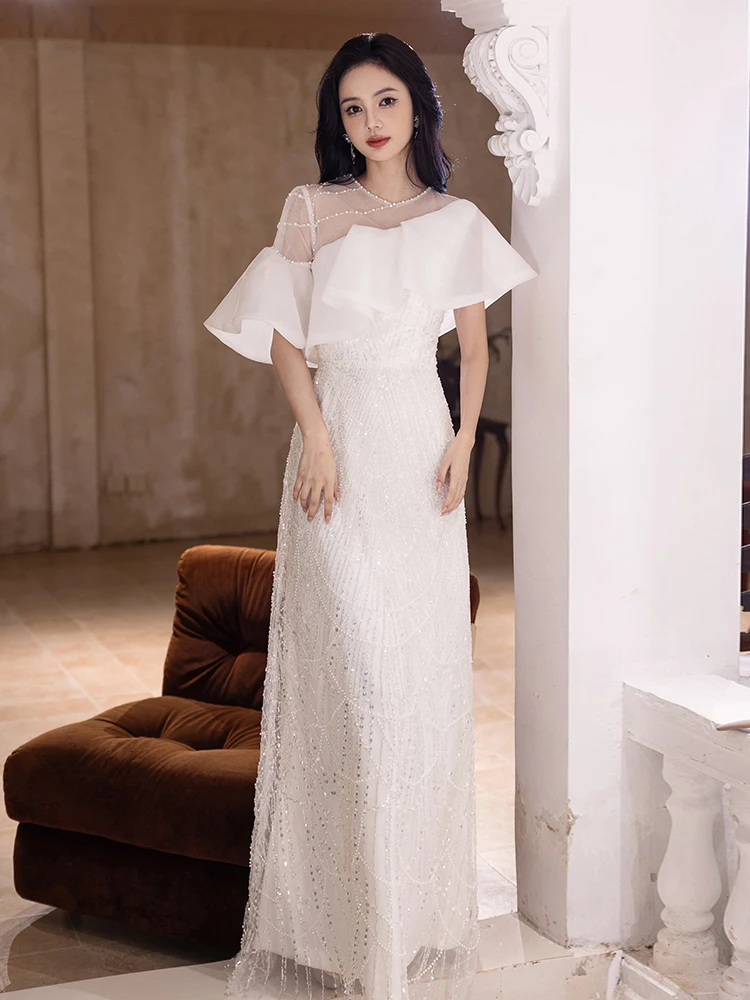 

White Evening Gown Women's 2025 Sparkling Heavy Work High End Luxury Small ence Host Design Par Fla Faionable U-Nec...