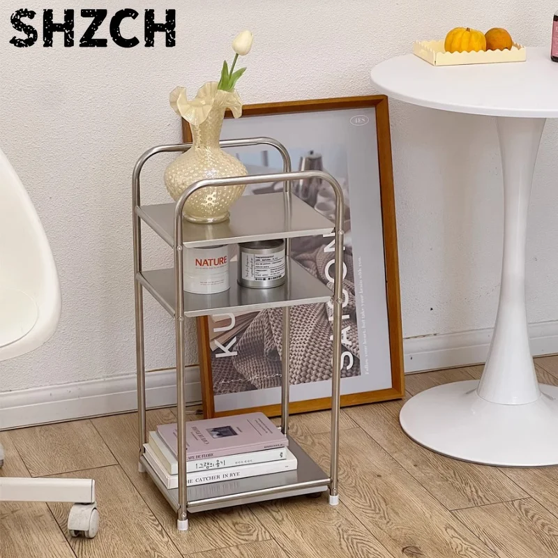 Ins Stainless Steel End Tables Minimalist Home Organizer Living Room Storage Shelves Bedhead Multi Layer Cart Storage Solution