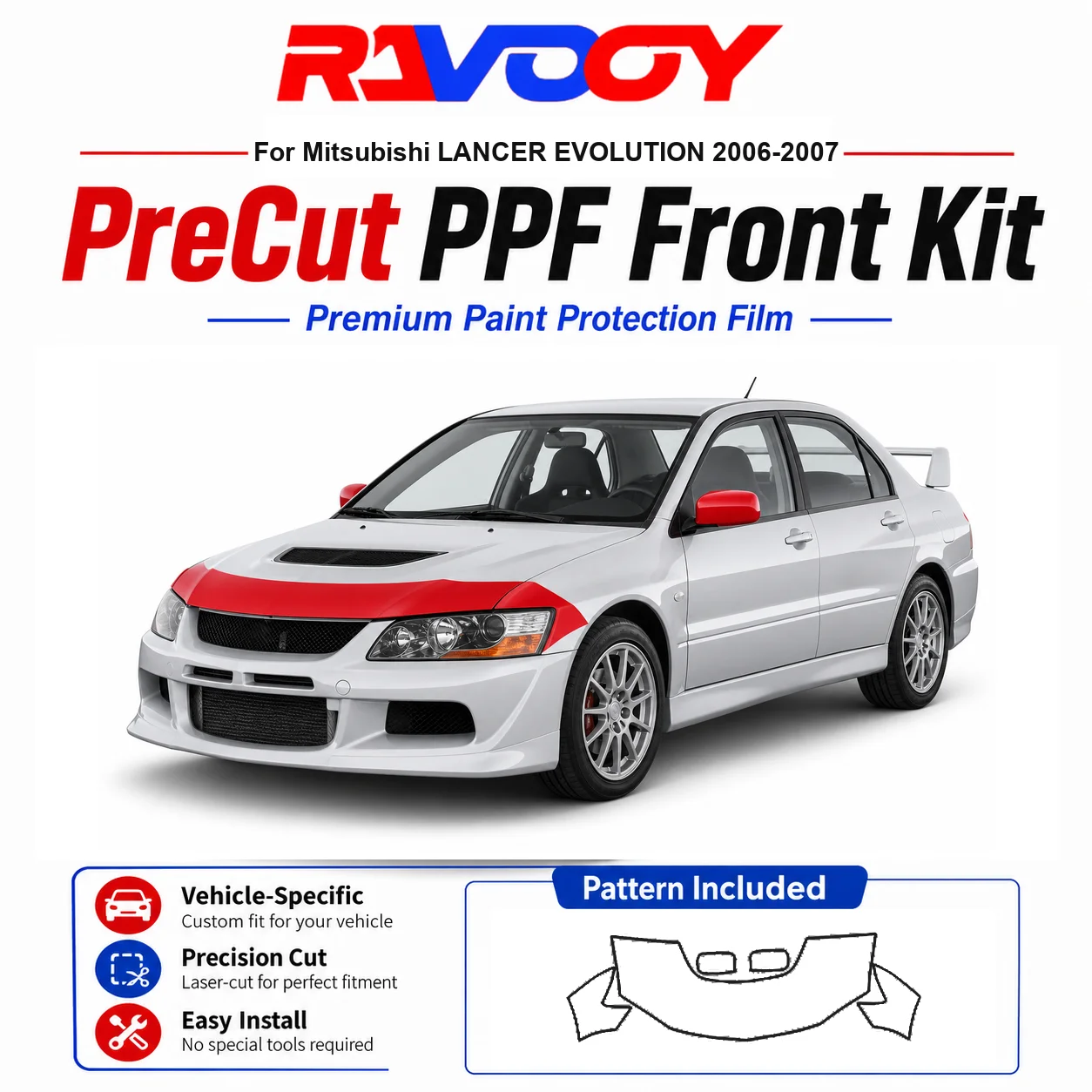 Kit de Película Protetora (PPF) de TPU Pré-Cortada de 8.5mil para Mitsubishi LANCER EVOLUTION 2006-2007 - Conjunto para Capô, Para-lamas e Espelhos - Película Transparente Autorreparável