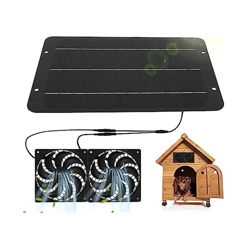 AB08-1Set 10W 12V Solar Fan For Greenhouse Solar Panel Powered Dual Fan Black With 31.5Inch Cable, For Sheds